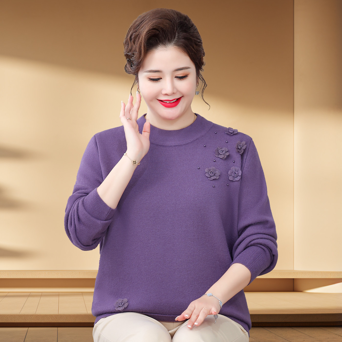 加肥大码立体花朵毛衣女中老年妈妈装加绒保暖针织打底衫宽松版型,淘宝优惠券,粉丝福利购,淘宝优惠卷