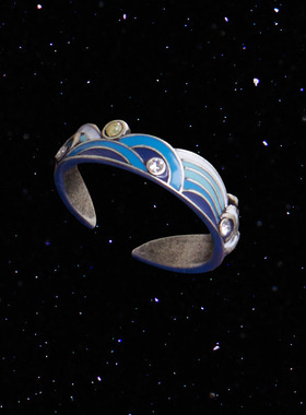 蓝色珐琅海浪明月开口珐琅戒指