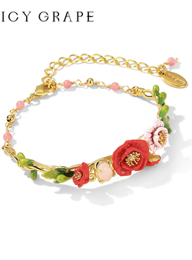 红色虞美人花朵半镯手链女款