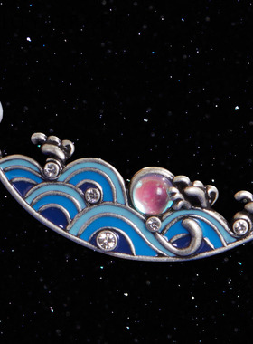 蓝色珐琅海浪明月项链女