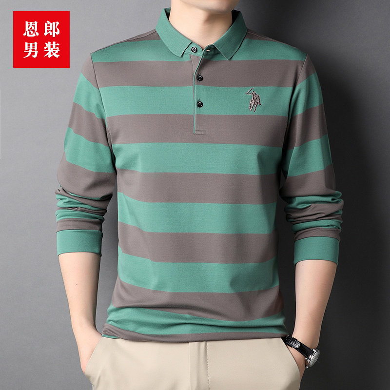 2021新款纯棉长袖男翻领条纹打底衫 恩郎T恤