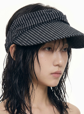 日系复古条纹褶皱空顶帽 小众闪粉印花设计感遮阳运动无顶帽女