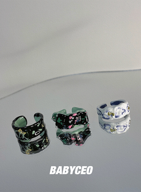复古ins彩色滴油珐琅戒指女小众设计感不规则开口戒金箔珍珠指环