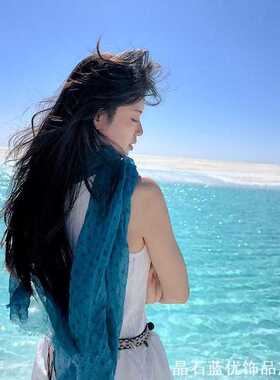 青海盐湖旅拍同款湖蓝色暗纹棉麻大披肩轻薄透气包头长款围巾
