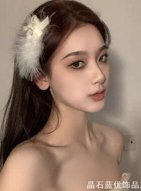 蝴蝶结羽毛发夹侧边头饰白色发饰