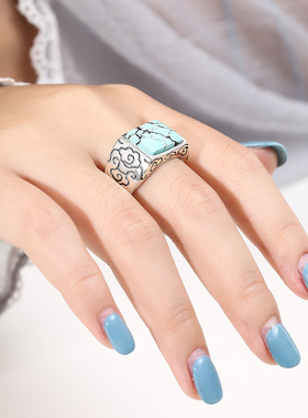 925银方形男式戒指空托蜜蜡祥云