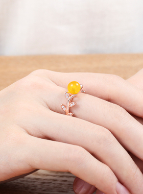 树叶纯银镶钻蜜蜡珍珠戒指空托