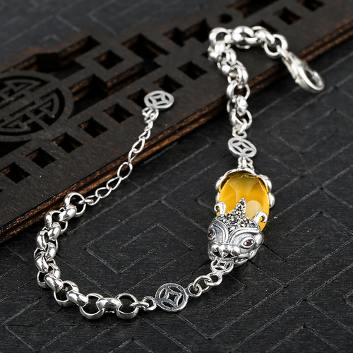 S925银金钱貔貅手链空托 o字链手链镶嵌蜜蜡琥珀男女手链托8*13mm - 图1