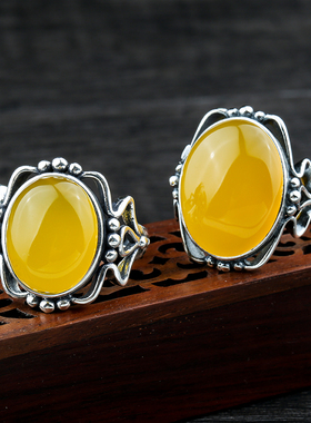 复古银戒指镶嵌蜜蜡琥珀925霸气