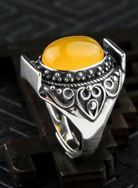 戒指空托镶琥珀椭圆活口925蜜蜡