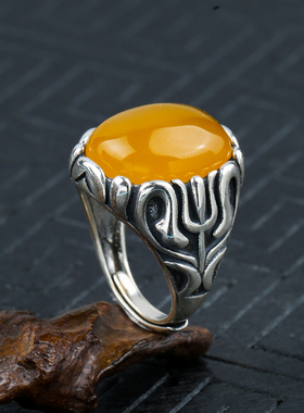 diy复古戒指空托s925碧玺琥珀