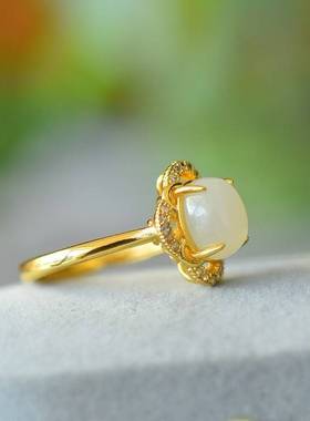 和田玉白玉蛋面配锆石戒指王妃款戒指和田玉白玉戒指精致百搭