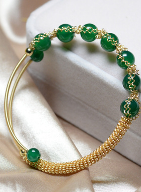 手工制作天然绿玛瑙手镯14k包金绕丝线深色翡翠绿冰透可调整手环