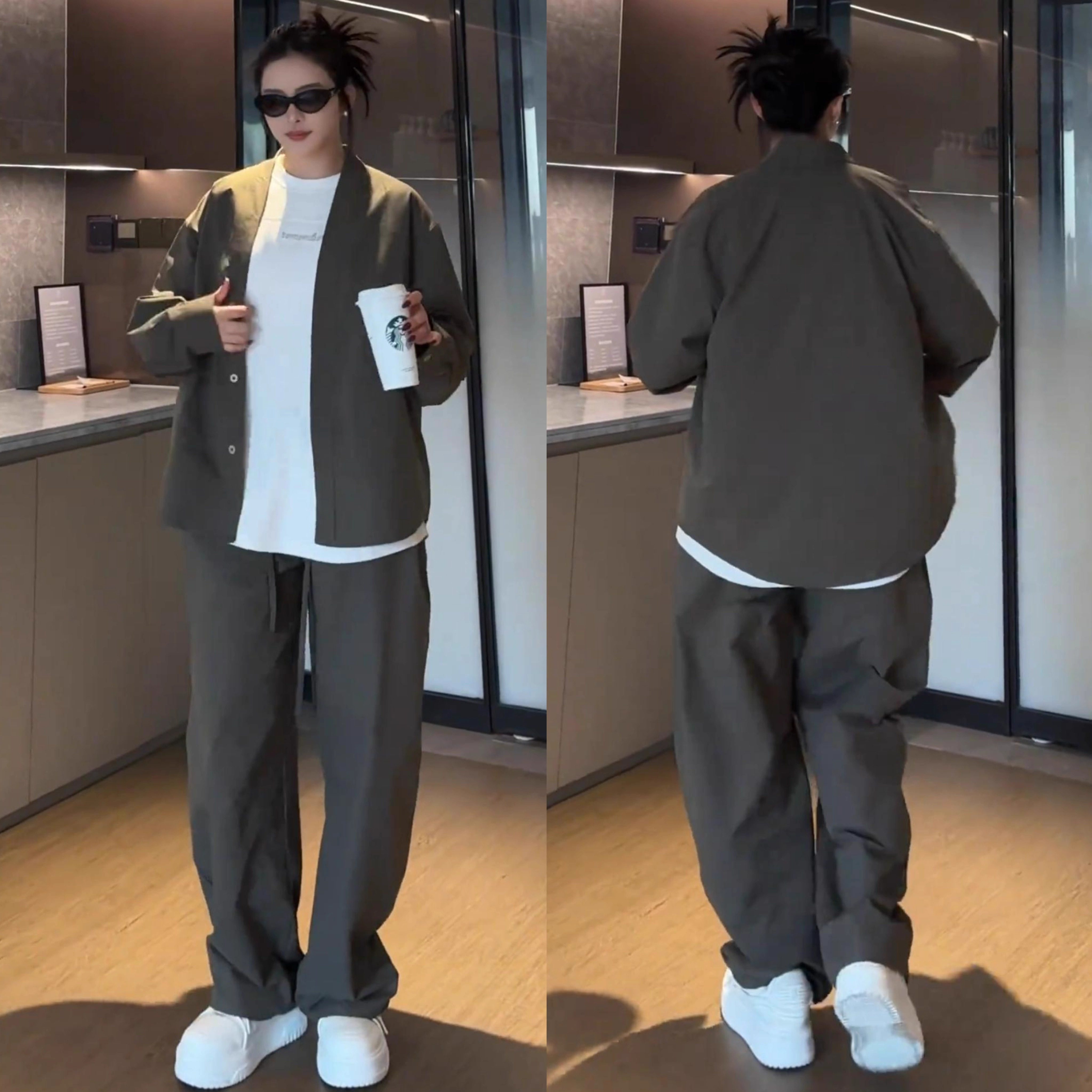 秋季新款慵懒风休闲运动套装男简约纯色V领开衫外套阔腿裤两件套,淘宝优惠券,粉丝福利购,淘宝优惠卷