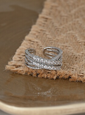 2026真金电镀镶锆石个性开口直接女小众设计感几何交叉指环轻奢