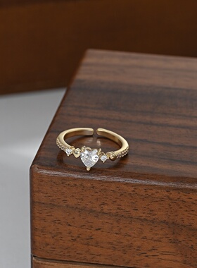 2026真金电镀锆石个性开口戒指女小众设计感爱心指环简约通勤风