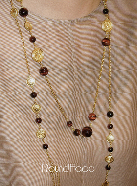 ROUNDFACE Coil萦绕项链 虎眼石原创设计复古吊坠毛衣链 默叙