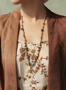 MONSECRET 飞鸟繁复串珠项链 原创设计师高级感粉色宝石长款 默叙