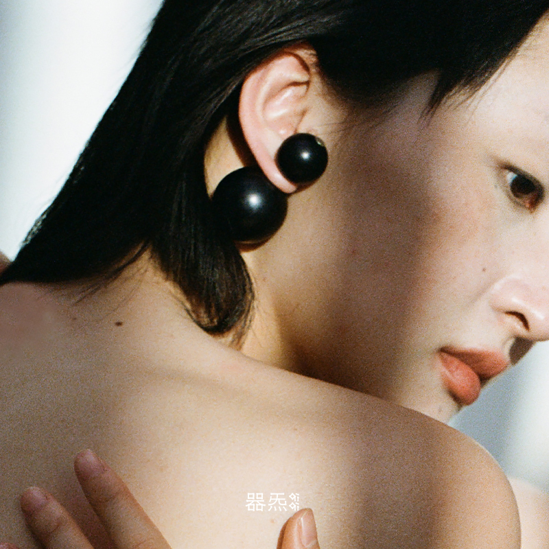 QIQI器炁 圆珠耳坠 925纯银原创设计手工质感黑檀木耳环耳饰 - 图2