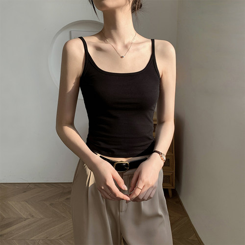 黑色纯棉u领美背吊带背心女内搭2025新款夏季带胸垫短款打底上衣 - 图0