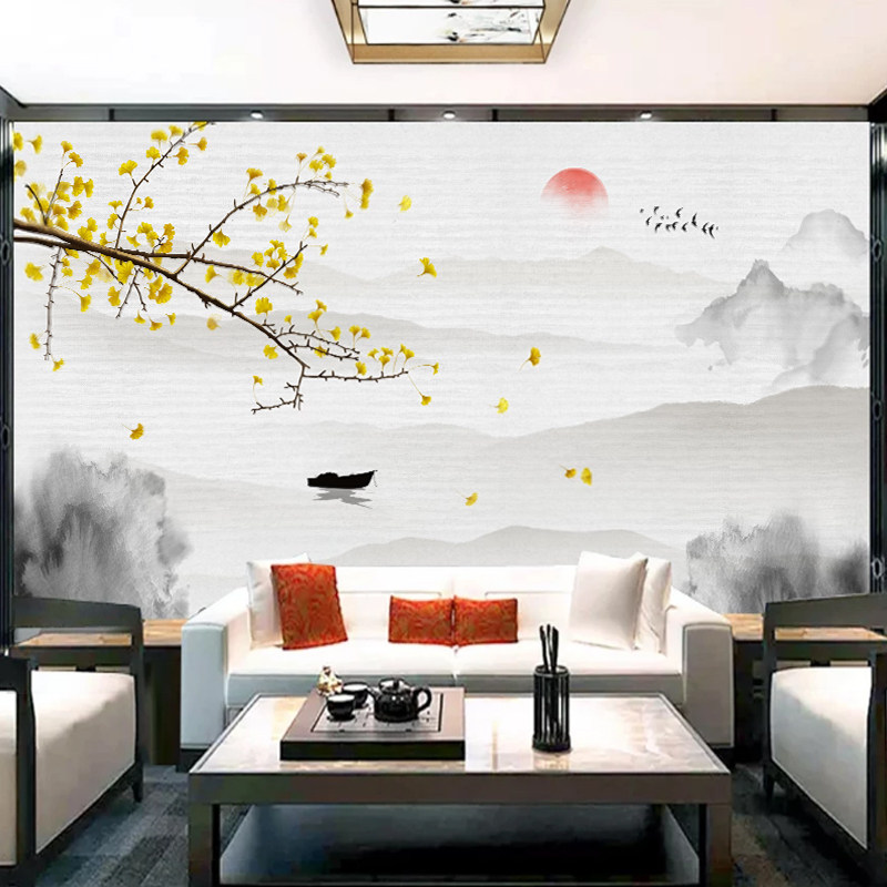 3d立体壁画新中式山水客厅电视背景墙贴画轻奢几何墙纸自粘墙画贴_虎窝淘