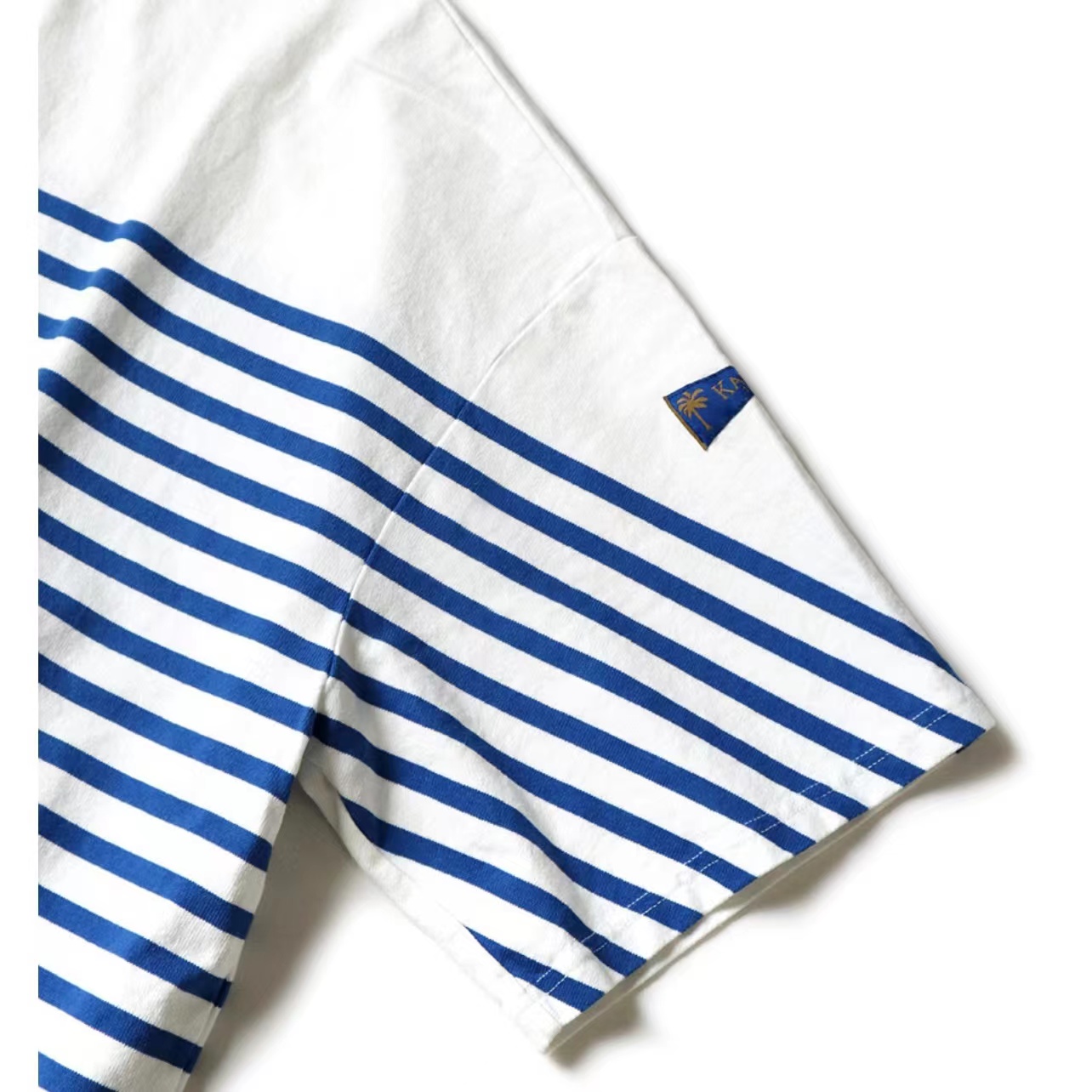 22SS KAPITAL平田和宏蓝白条纹拼色三旗五分袖圆领宽松短袖T恤-图0