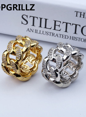 欧美个性嘻哈潮流情侣戒指天然锆石人工镶嵌古巴链锁链指环街头潮