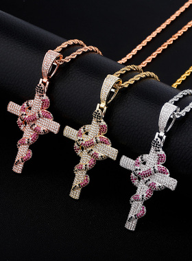 TOPGRILLZ欧美嘻哈复古灵蛇十字架吊坠满锆石蛇院男女项链首饰品