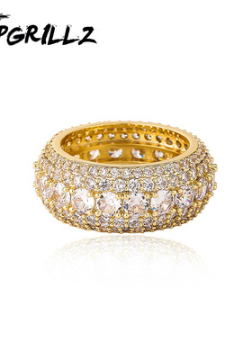 欧美微镶五排满锆石k金镀金满钻戒指 潮人嘻哈男女情侣爆款指环