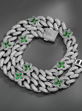 欧美满钻古巴链祖母绿四叶宝石项链美式街头说唱INS镶钻锆石嘻哈