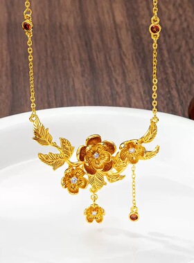 金色点钻榴花流苏项链女款轻奢小众设计感高级锁骨链送女友