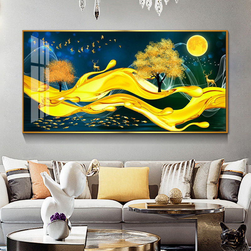 现代简约客厅装饰画沙发背景墙挂画山水麋鹿招财壁画酒店样板间横_虎窝淘