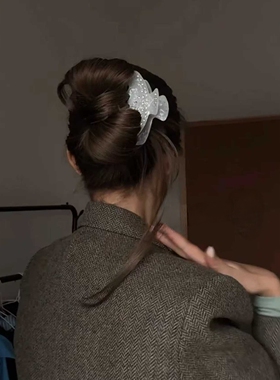 韩系白色闪钻蝴蝶结抓夹高级感