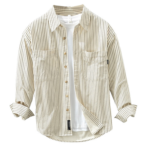 你可以相信条纹的魅力！春季日系复古纯棉条纹长袖衬衫男外套-图3
