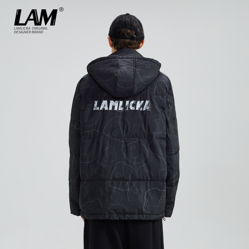 LAMLICKA LAM国潮满印小熊字母宽松连帽开衫棉服男廓形多口袋外套 - 图0