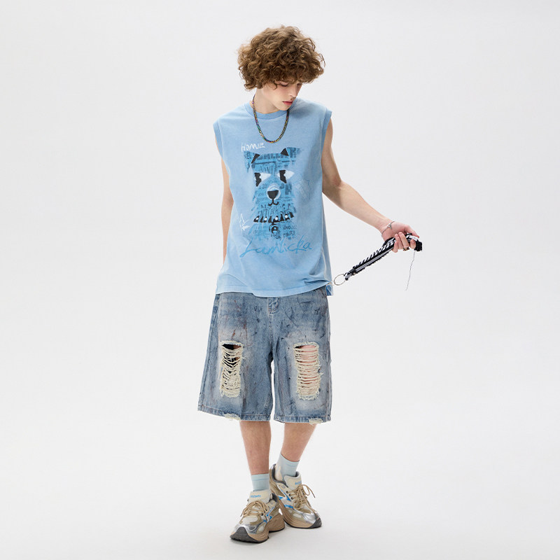 LAMLICKA做旧破洞蓝色复古夏日牛仔短裤男宽松直筒潮牌美式五分裤,淘宝优惠券,粉丝福利购,淘宝优惠卷