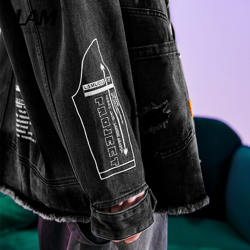 LAMLICKA小恶魔破洞秋季牛仔外套男潮牌宽松撞色拼接复古夹克外套,淘宝优惠券,粉丝福利购,淘宝优惠卷