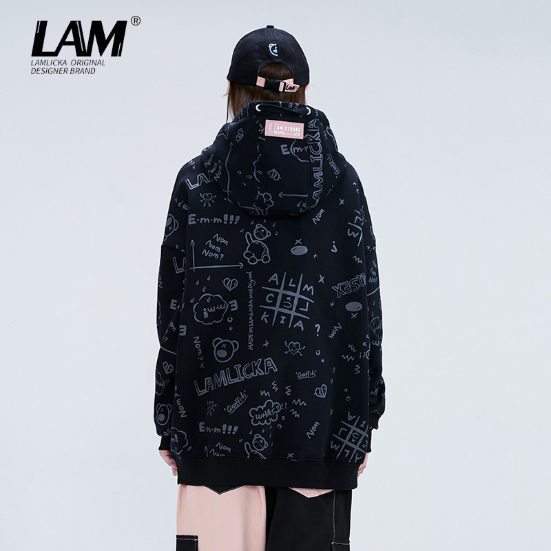 LAMLICKA卡通满印宽松加绒卫衣男潮牌春秋款情侣连帽衫长袖上衣女