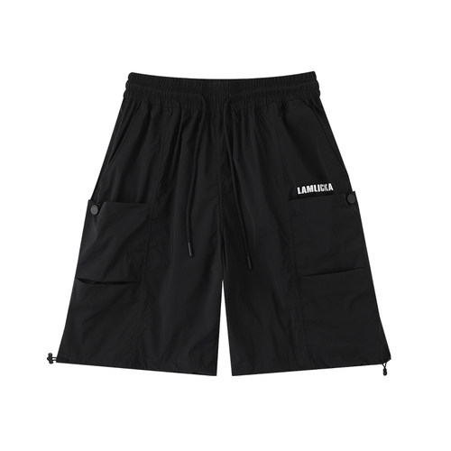 LAMLICKA黑色运动短裤男夏季美式休闲宽松简约百搭工装直筒五分裤 - 图3