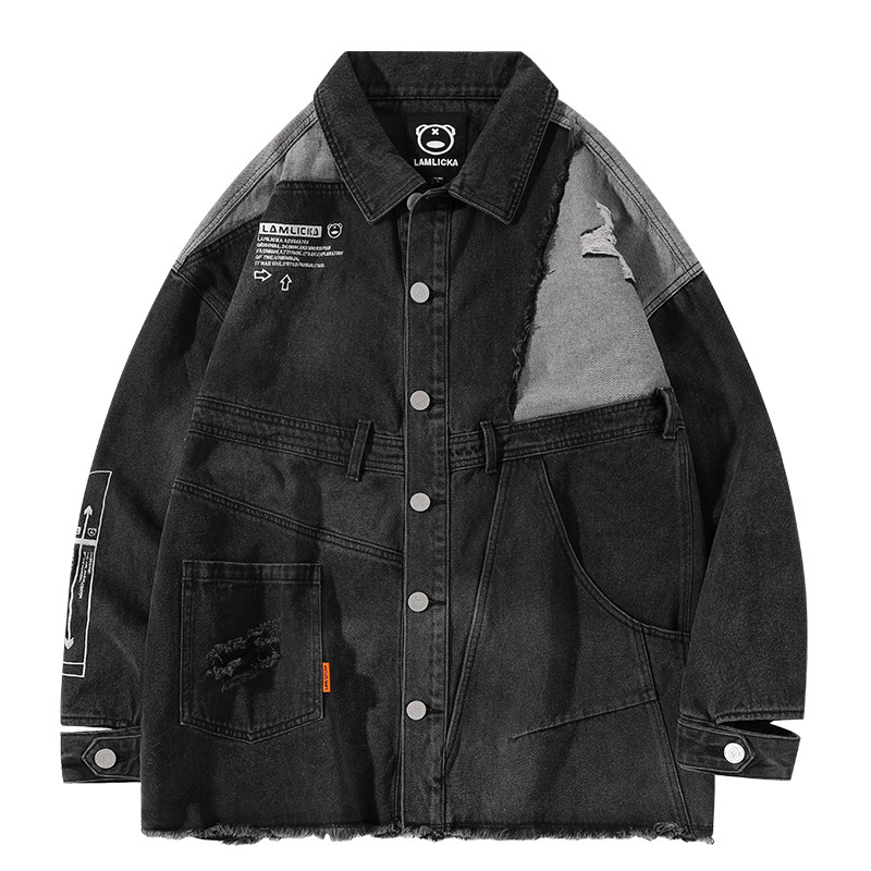 LAMLICKA小恶魔破洞秋季牛仔外套男潮牌宽松撞色拼接复古夹克外套,淘宝优惠券,粉丝福利购,淘宝优惠卷