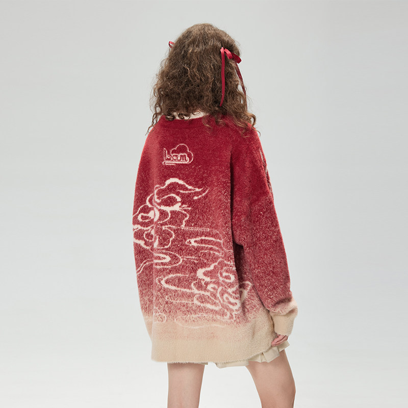 LAMLICKA新年款红色祥云提花针织毛衣男秋冬中式慵懒针织衫宽松,淘宝优惠券,粉丝福利购,淘宝优惠卷