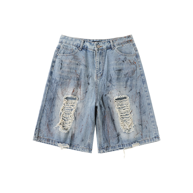 LAMLICKA做旧破洞蓝色复古夏日牛仔短裤男宽松直筒潮牌美式五分裤,淘宝优惠券,粉丝福利购,淘宝优惠卷