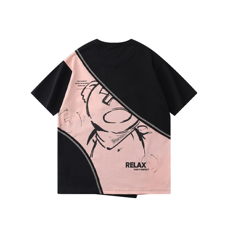 LAMLICKA夏季拼接撞色粉色短袖男潮牌纯棉T恤嘻哈薄落肩体恤宽松,淘宝优惠券,粉丝福利购,淘宝优惠卷