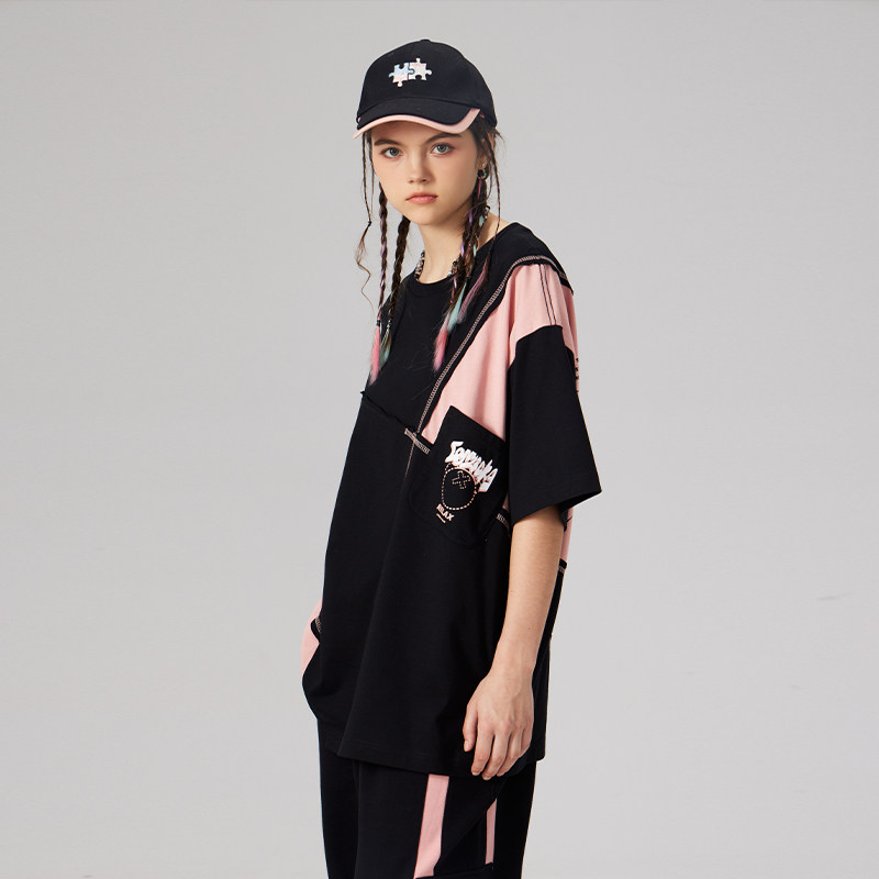 LAMLICKA夏季拼接撞色粉色短袖男潮牌纯棉T恤嘻哈薄落肩体恤宽松,淘宝优惠券,粉丝福利购,淘宝优惠卷