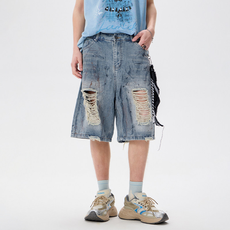 LAMLICKA做旧破洞蓝色复古夏日牛仔短裤男宽松直筒潮牌美式五分裤,淘宝优惠券,粉丝福利购,淘宝优惠卷