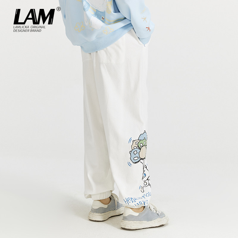 LAMLICKA国潮熊猫印花男秋季宽松运动休闲卫裤情侣束脚白色长裤女,淘宝优惠券,粉丝福利购,淘宝优惠卷