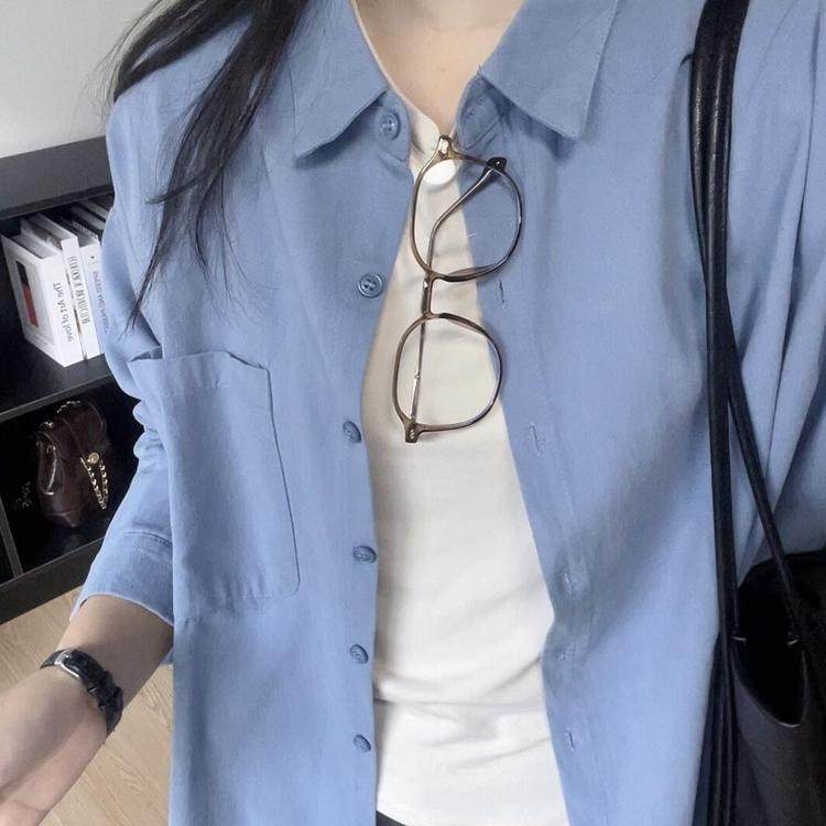 蓝色纯棉长袖衬衫女内搭叠穿马甲衬衣今年流行漂亮小衫长袖上衣,淘宝优惠券,粉丝福利购,淘宝优惠卷