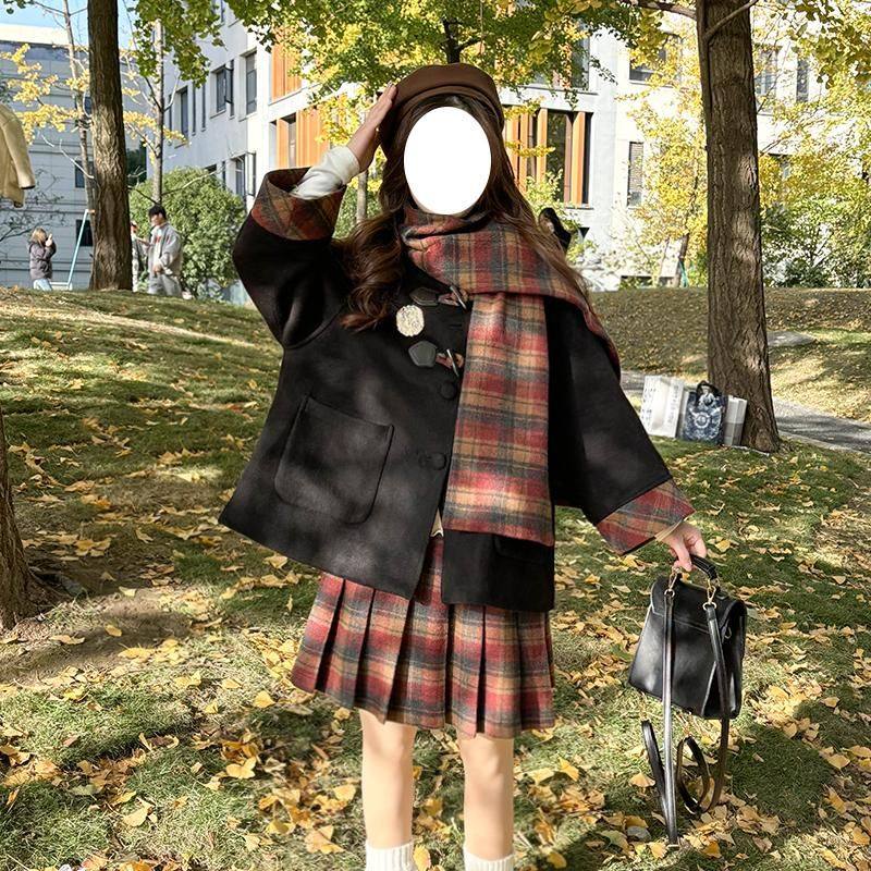 JK制服牛角扣百褶裙两件套装秋冬学院风毛呢外套围巾百搭复古英伦,淘宝优惠券,粉丝福利购,淘宝优惠卷