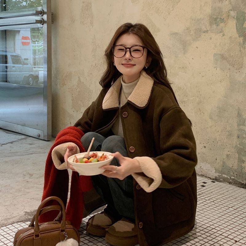 两面穿加绒短款外套女秋冬皮毛一体翻领麂皮绒复古羊羔毛棉服工装,淘宝优惠券,粉丝福利购,淘宝优惠卷