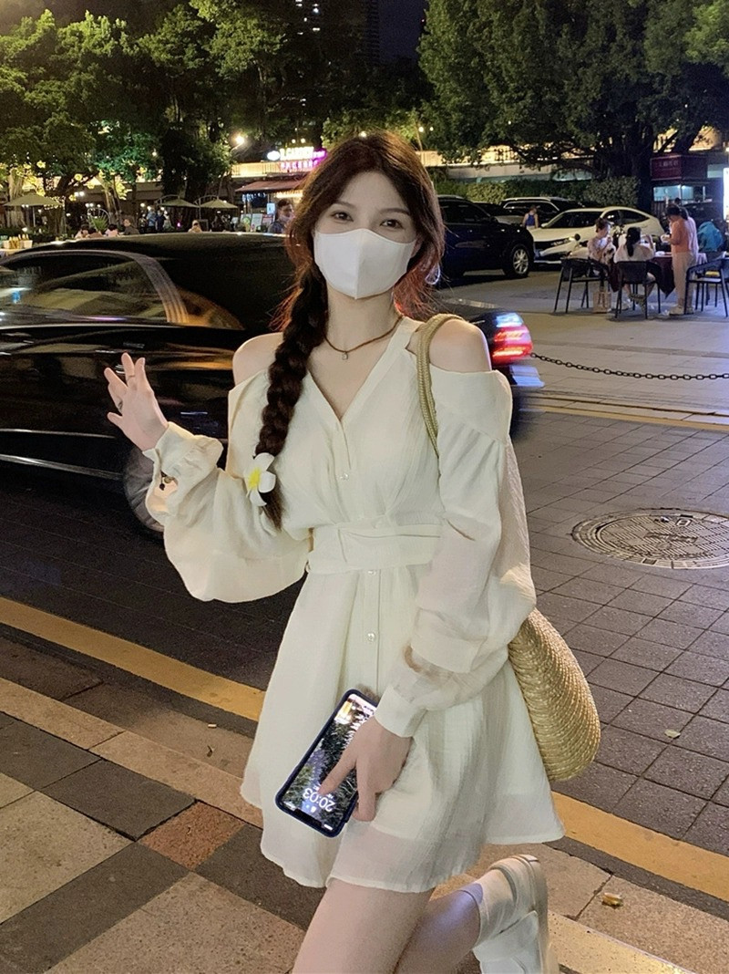 奶系温柔风挂脖式防晒连衣裙短裤套装多马胺夏秋收腰露肩A字短裙,淘宝优惠券,粉丝福利购,淘宝优惠卷